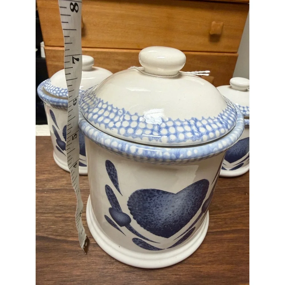 Vintage 1996 ABC Distributing Blue Heart Ceramic Canister Set 3 Piece Farmhouse
